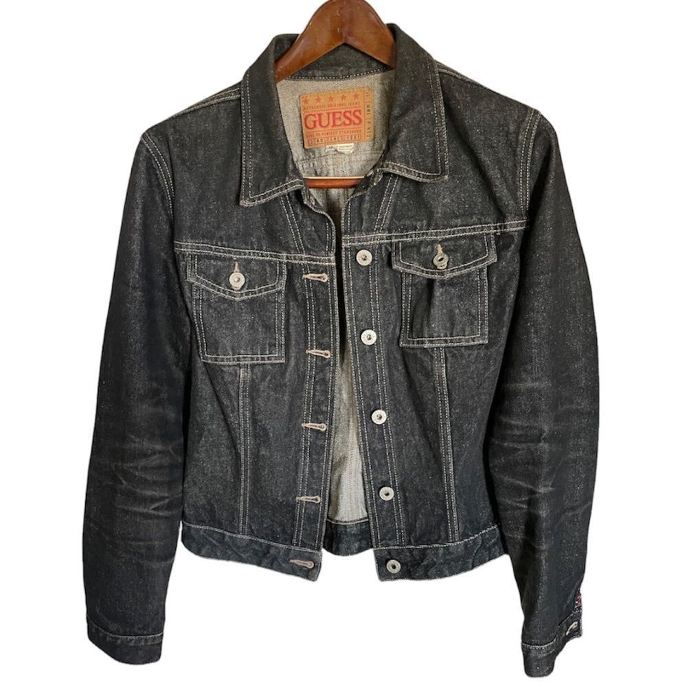 Vintage Guess Black Distressed Denim Jean Jacket - Size XL